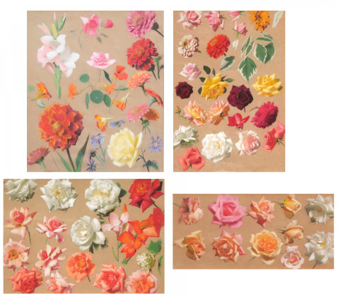 Vier Pastelle mit Rosenblüten, bzw. eines mit Rosen, Kornblumen, Nelken und Kresse