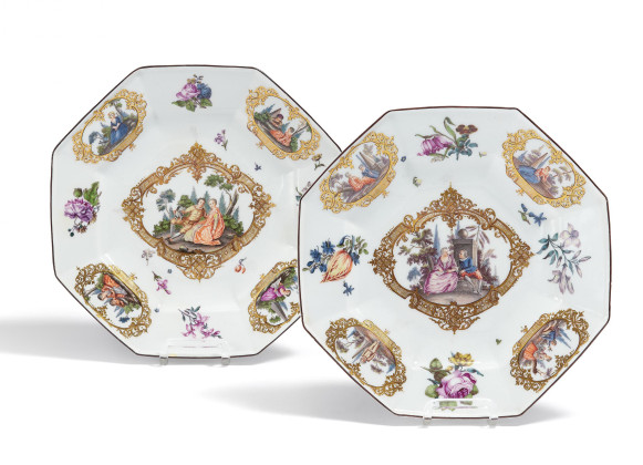 PAIR OF OCTOGONAL PORCELAIN PLATES WITH WATTEAU SCENES AND FLOWER PAINTINGS