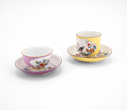 PORCELAIN COFFEE CUP AND SAUCER WITH YELLOW GROUND & PORCELAIN TEA CUP AND SAUCER WITH PURPLE GROUND AND KAKIEMON DECOR