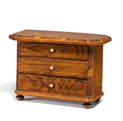 SMALL MODEL CHEST OF DRAWERS WITH FLORAL INLAYS MADE OF WOOD AND BONE