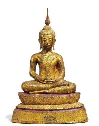 BRONZE BUDDHA IN PRENCELY ADORNMENT SEATED ON THRONE PEDESTAL
