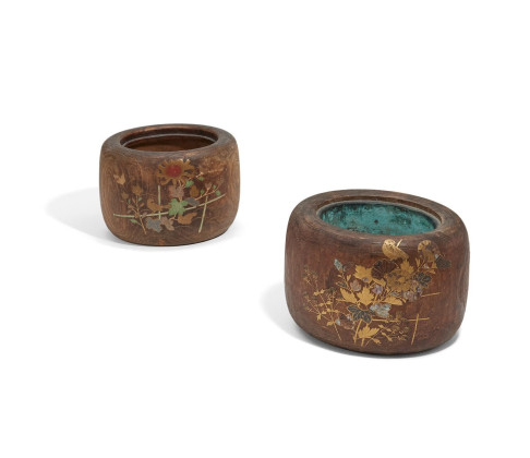 TWO WOODEN AND COPPER COAL BASINS, SO-CALLED HIBACHI WITH FLORAL DECOR