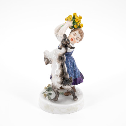 PORCELAIN FIGURINE OF A GIRL WITH BILLY-GOAT AND FLOWER BOUQUET