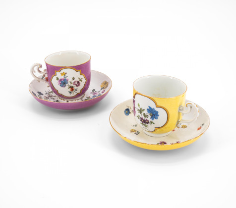 PORCELAIN BEAKER CUP AND SAUCER WITH YELLOW GROUND & PORCELAIN TREMBLEUSE AND SAUCER WITH PURPLE GROUND