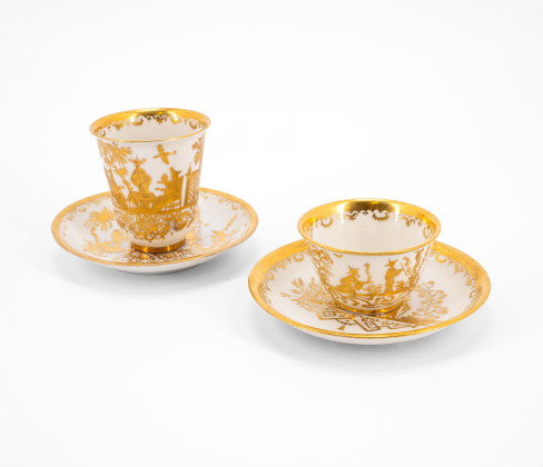 PORCELAIN TEA BOWL &amp; BEAKER AND SAUCERS WITH GOLDEN CHINOISERIES