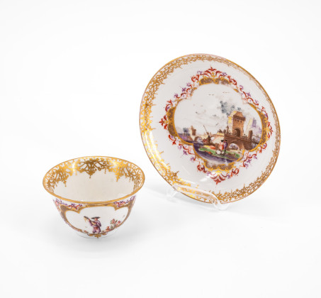 PORCELAIN TEA BOWL WITH CHINOISERIES AND SAUCER WITH MERCHANT NAVY SCENES