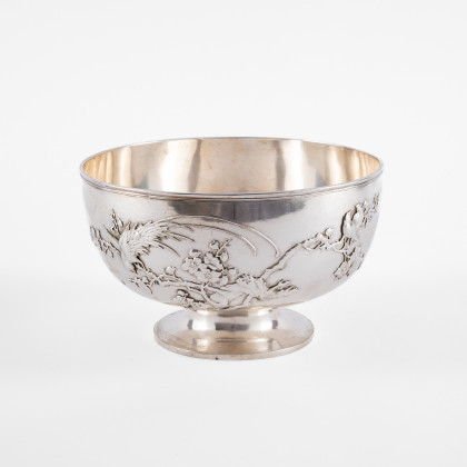 FOOTED SILVER BOWL WITH CHERRYBLOSSOM BRANCH AND BIRD OF PARADISE