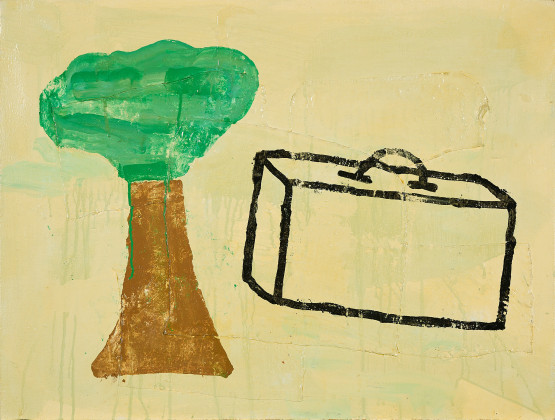 "Composition with suitcase and tree"