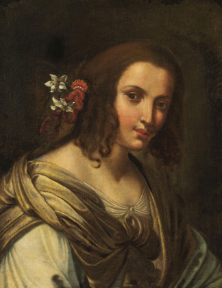 Porträt einer Dame mit Blumenschmuck im Haar
