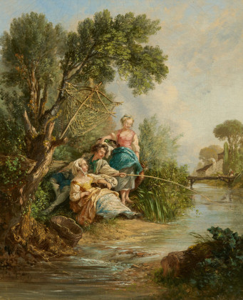 Angler und zwei Mädchen am Fluss