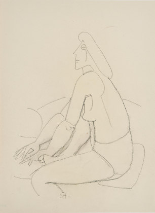 Seated female nude on sofa