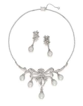 Pearl-Diamond-Set: Necklace and Ear Jewellery