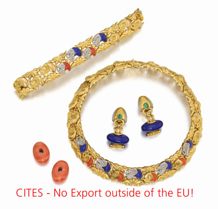 Lapis Lazuli-Coral-Diamond-Set: Necklace, Bracelet, Ear Studs