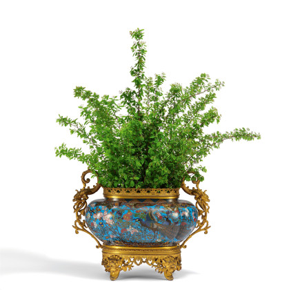 Cloisonné Jardinière mit Vögeln und blühenden Zweigen