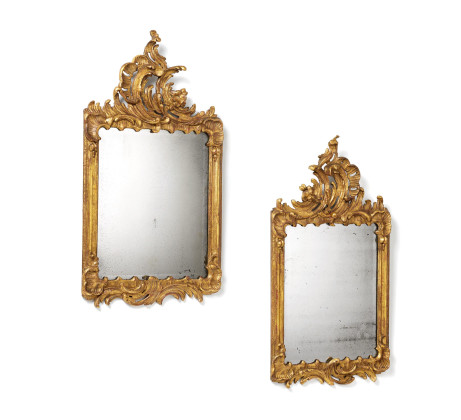 COUPLE OF NICE WOOD MIRRORS WITH ROCAILLE CARTOUCHES