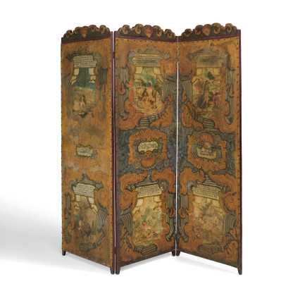 EXCEPTIONAL LINEN FOLDING SCREEN WITH APHORISMS AND GALANT SCENES