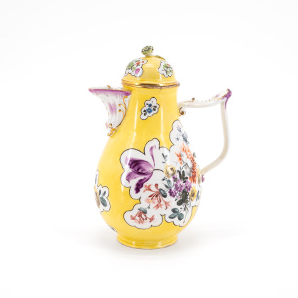 PORCELAIN COFFEE POT WITH YELLOW GROUND AND FLORAL PAINTING