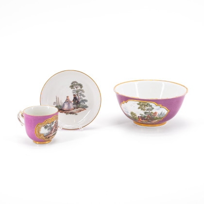 PORCELAIN SLOP BOWL, CUP WITH SAUCER AND PURPLE GROUND AND GALLANT PARK SCENES
