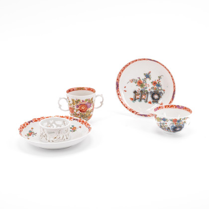 PORCELAIN TREMBLEUSE, TEA BOWL AND SAUCER WITH TABLE PATTERN AND KAKIEMON DECOR