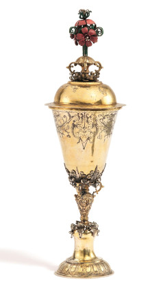 EARLY VERMEIL SILVER LIDDED GOBLET WITH COLOURED LID