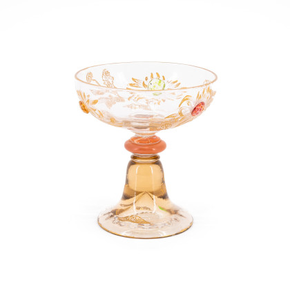 CHAMPAGNE GLASS WITH APPLIED GLASS STONES AND CHRYSANTHEMUMS