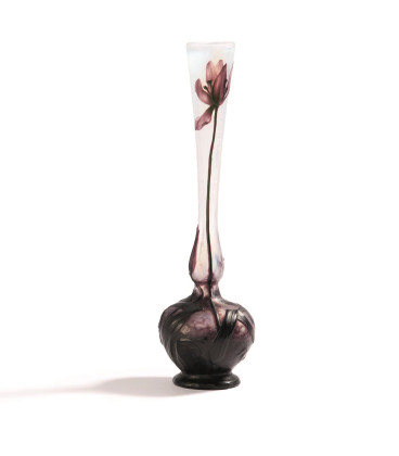 MINIATURE GLASS VASE WITH ORCHID DECORATION AND MARTELÉE CUT