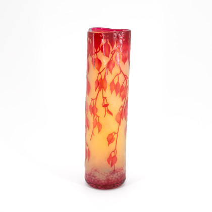 CYLINDER-SHAPED GLASS VASE WITH BIRCH LEAVES