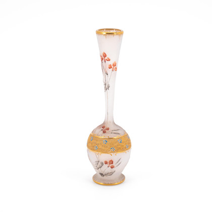 SMALL GLASS VASE WITH GOLD BORDER AND FINE FLORAL PAINTING