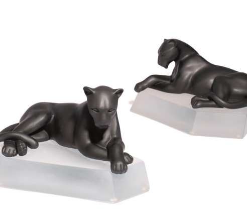 PAIR GLASS PANTHERS AS BOOCKENDS