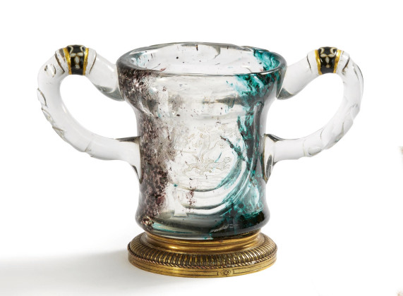 EARLY DOUBLE-HANDLED GLASS GOBLET WITH POWDER ENAMELLING AND HUNTING ENGRAVING