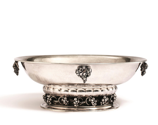 LARGE SILVER FOOTED BOWL WITH GRAPE DECOR