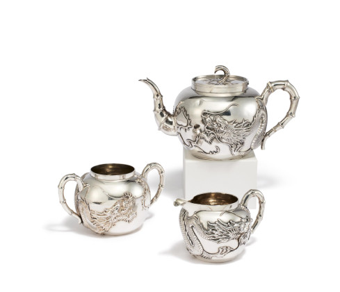EXCEPTIONAL SILVER TEA SERVICE WITH DRAGON DECORATION