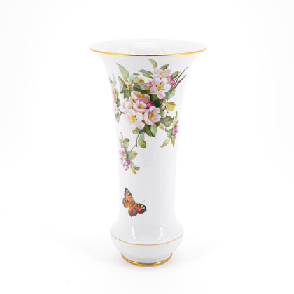 LARGE PORCELAIN TRUMPET VASE WITH APPLE BLOSSOMS ANS BUTTERFLIES