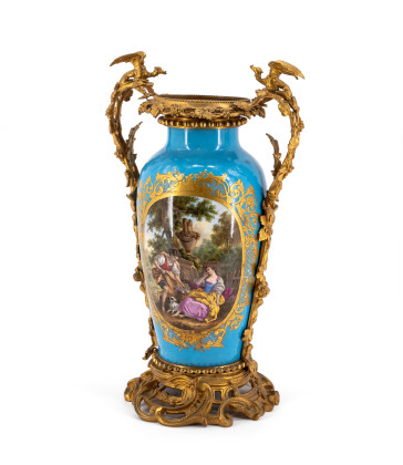 LARGE PORCELAIN VASE WITH TURQUOISE GROUND, PARK SCENE AND BRONZE MOUNTINGS