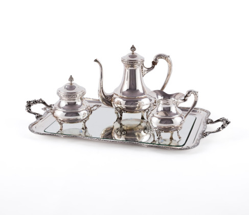 SILVER THREEPART COFFEE SERVICE WITH RECTANGULAR TRAY