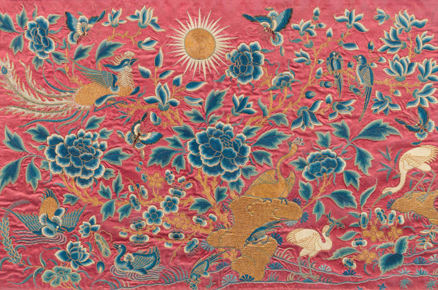 SILK EMBROIDERY WITH STYLISED PAINTING OF AN IDYLLIC SUNSET