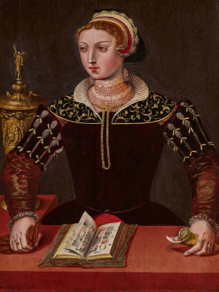 Porträt einer Dame mit Buch und reich verzierter Deckelvase