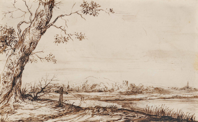 River Landscape with Tree and Cross