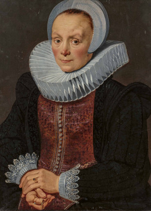 Porträt einer vornehmen Dame mit Spitzenhaube und weißer Halskrause