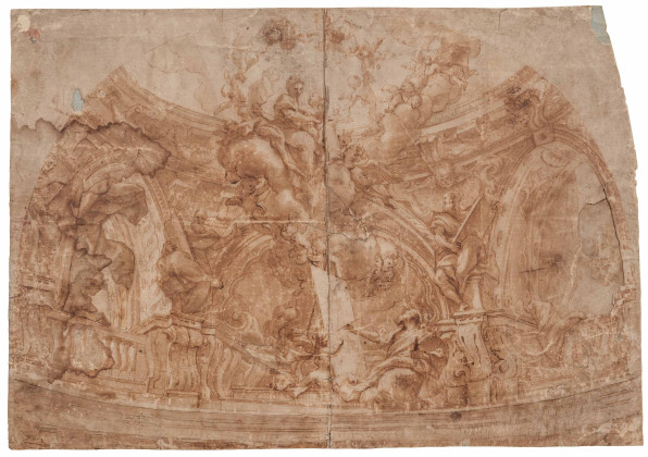 Große dekorative Entwurfsskizze mit dem Bild des Heiligen Lukas und der Jungfrau Maria