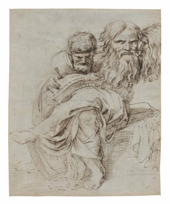 Philosoph sitzend in Meditation und zwei Köpfe eines alten Mannes