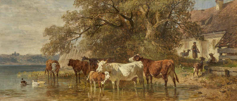 Hirten mit Vieh am Wasser