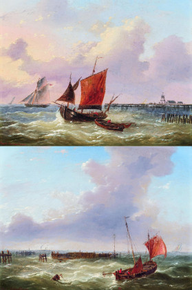 Zwei Gemälde: Segler vor der Küste