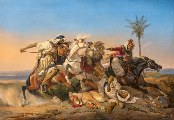 Kampf arabischer Reiter mit Löwen