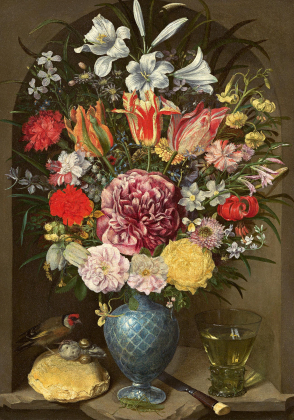 Splendid Floral Still Life with Goldfinch and Grasshopper