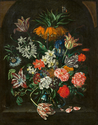 Prunkvolles Blumen-Stillleben mit Kaiserkrone, Tulpen, Narzissen und anderen Blumen in einer Vase