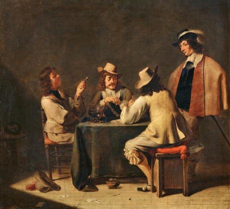 Smoking and Drinking Soldiers Playing Cards