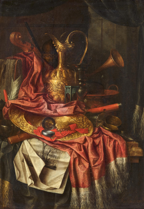 Still Life with Golden Helmet Jug Including Basin, Music Instruments and Prints