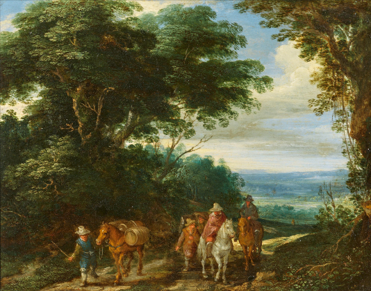 Two Riders and Three Farmers by foot on the Way in front of a Wide Landscape