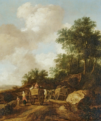 Landschaft mit zwei Bauernwagen und Fußgängern auf einem Weg